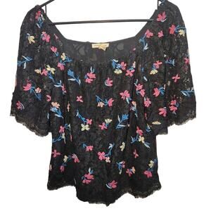 Rebecca Taylor black lace embroidered flowers peasant blouse size 6